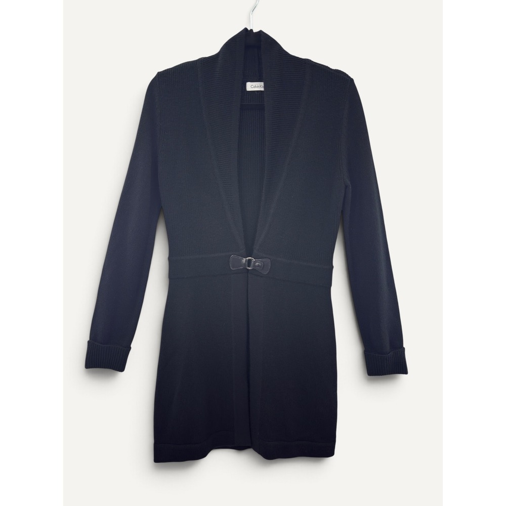 Calvin Klein M Black Wool Blend Long Cardigan Sweater Leather Snap Clasp Classic
